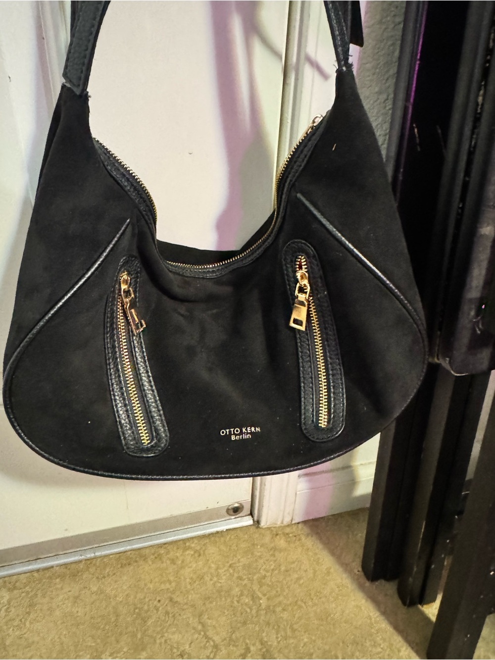 Otto Kern Black Suede Hobo Bag with Gold Zipper Accents